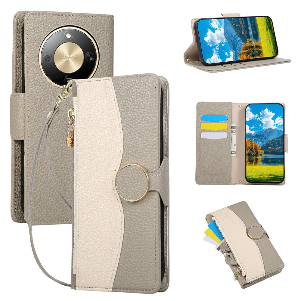 Phone Case For Honor Magic8 Lite 5G  /  X9d 5G  /  X70 5G Zipper Wallet Color Splicing TPU PU Leather Flip Phone Cover with Strap