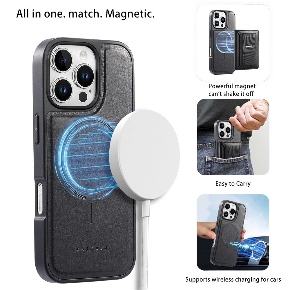 CASENEO For iPhone 16 Pro Detachable Magnetic Phone Case with Card Holder Kickstand TPU PU Leather PC Phone Cover Compatible with MagSafe