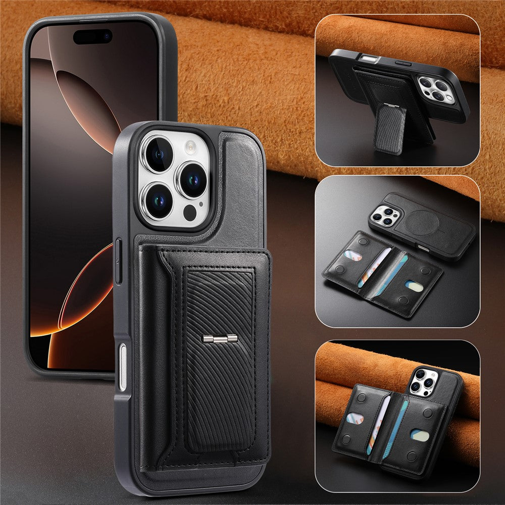 CASENEO For iPhone 16 Pro Detachable Magnetic Phone Case with Card Holder Kickstand TPU PU Leather PC Phone Cover Compatible with MagSafe