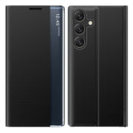 Samsung Galaxy S26-skal med utsiktsfönster, reptåligt PU-läder, fällbart stativ, mobilskal
