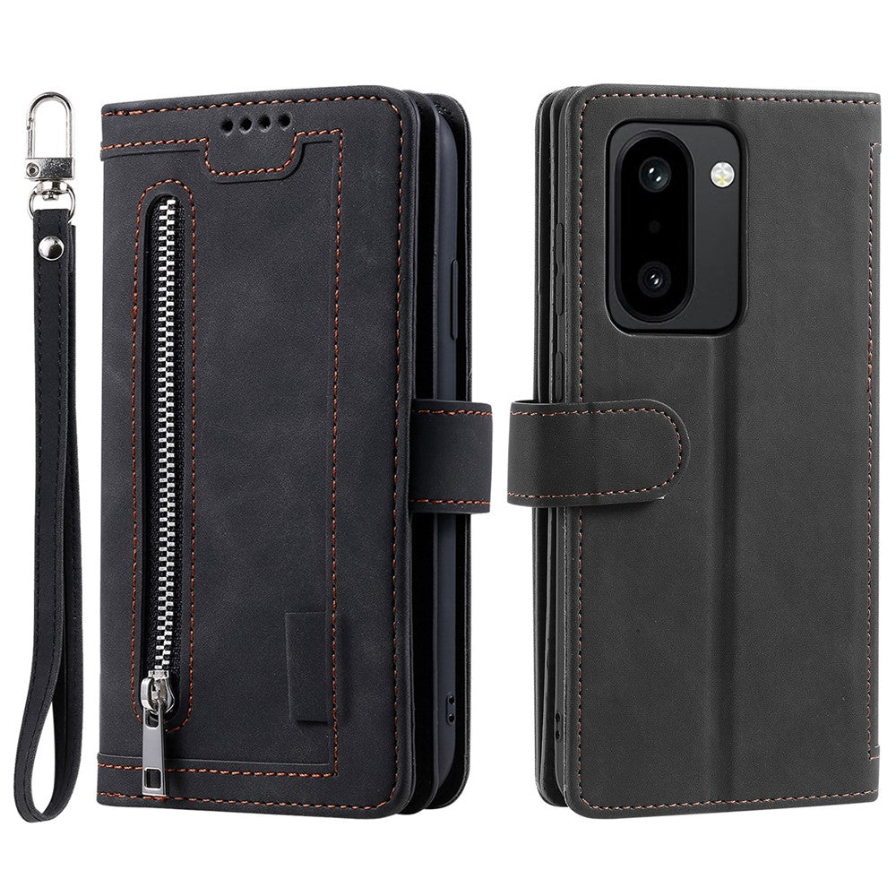 OnePlus 15R 5G-skal med 9 kortfack, dragkedja, plånbok i PU-läder och handledsrem.