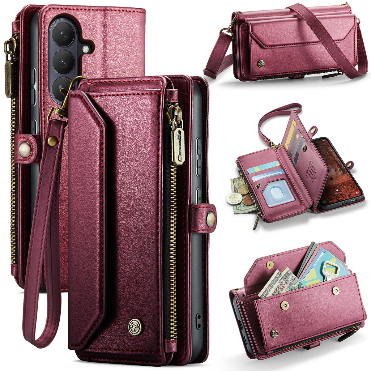 CASEME For Samsung Galaxy S26 Leather Case  C36 Zipper 10 Card Slots Phone Cover with Straps