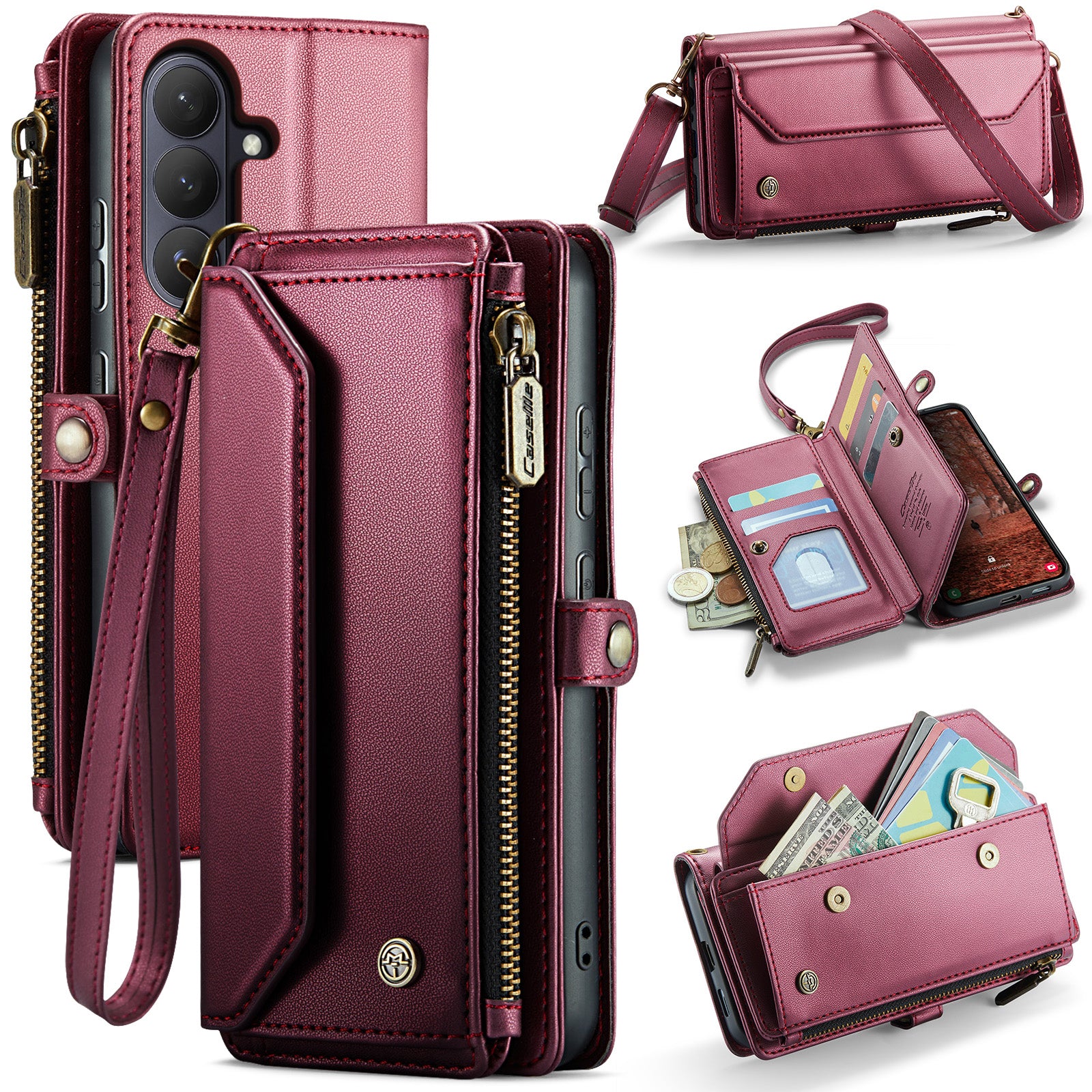CASEME For Samsung Galaxy S26 Leather Case  C36 Zipper 10 Card Slots Phone Cover with Straps
