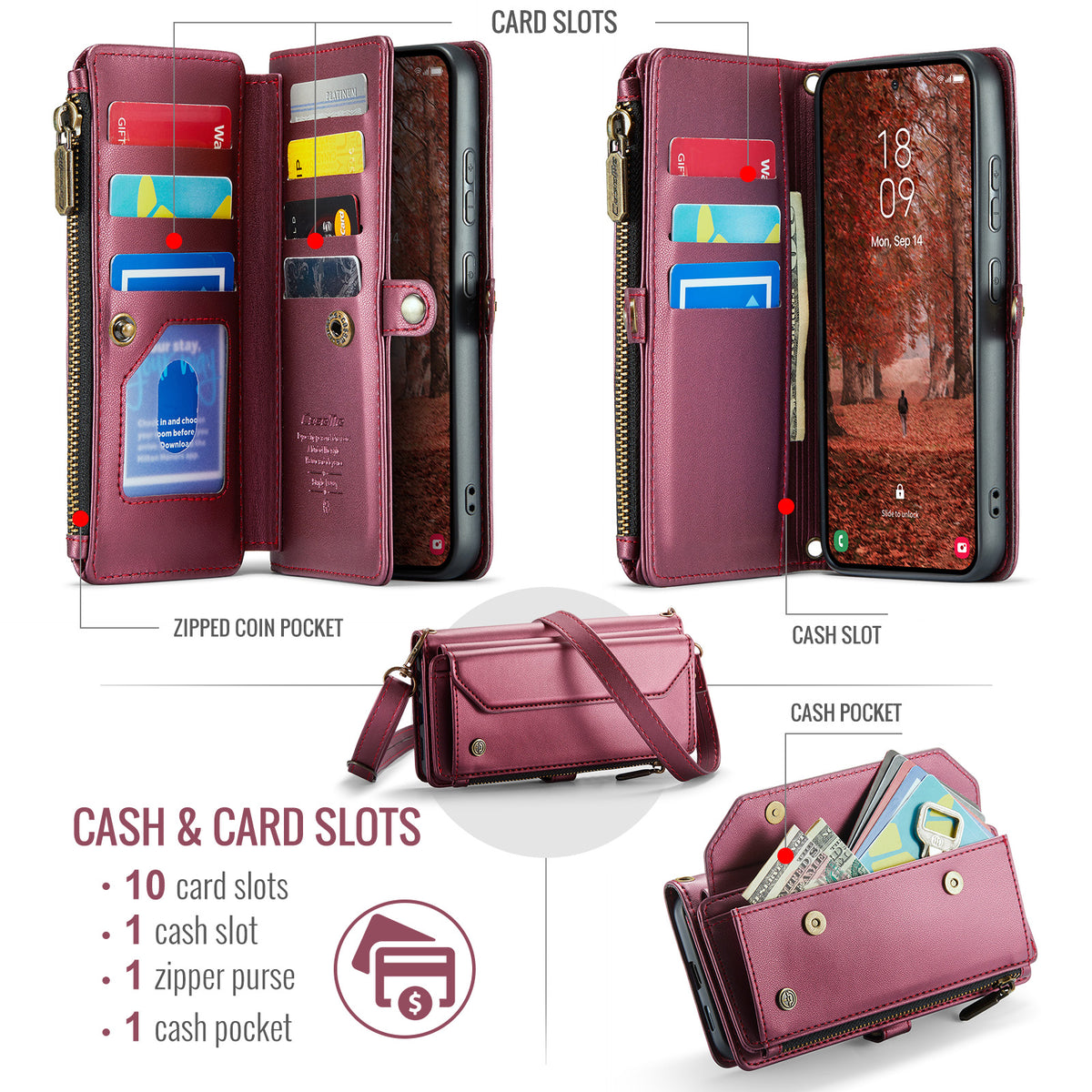 CASEME For Samsung Galaxy S26 Leather Case  C36 Zipper 10 Card Slots Phone Cover with Straps
