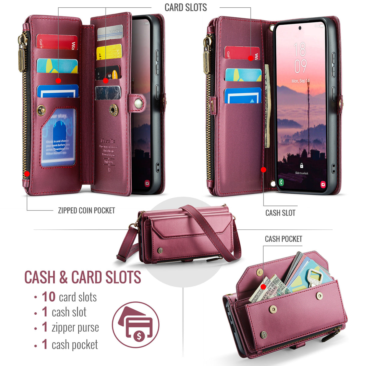 CASEME For Samsung Galaxy S26 Ultra Leather Case C36 Zipper 10 Card Slots Phone Cover with Straps