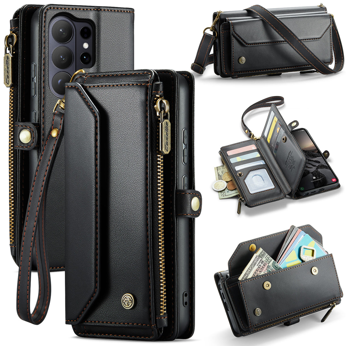 CASEME For Samsung Galaxy S26 Ultra Leather Case C36 Zipper 10 Card Slots Phone Cover with Straps