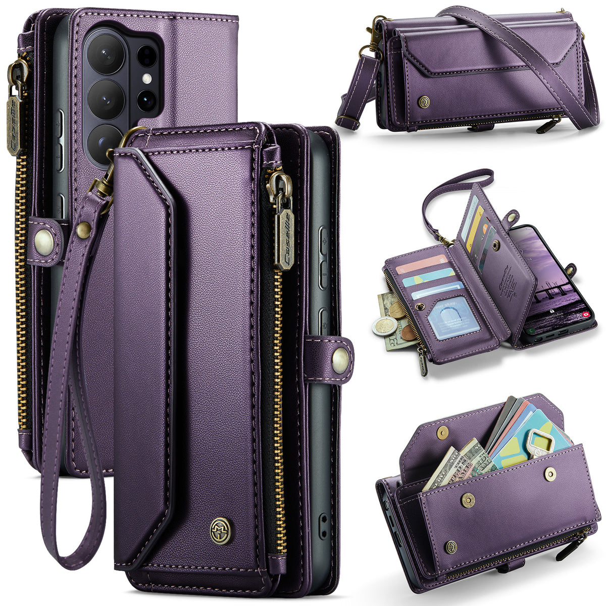 CASEME For Samsung Galaxy S26 Ultra Leather Case C36 Zipper 10 Card Slots Phone Cover with Straps