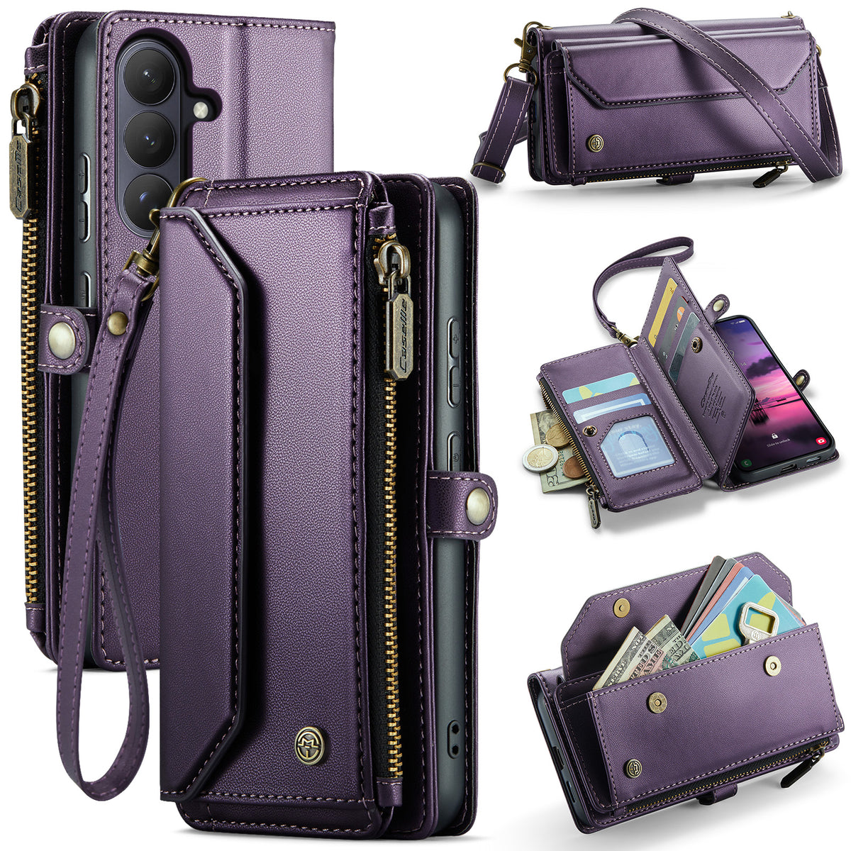 CASEME For Samsung Galaxy S26+ Leather Case  C36 Zipper 10 Card Slots Phone Cover with Straps