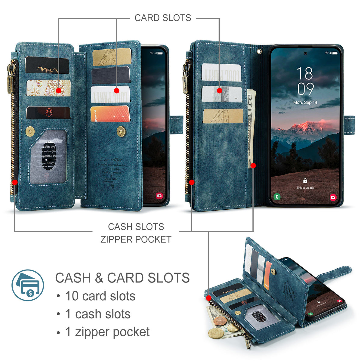 CASEME For Samsung Galaxy S26 Phone Cases with Strap  C30 Zipper Multiple Card Holder PU Leather Cover