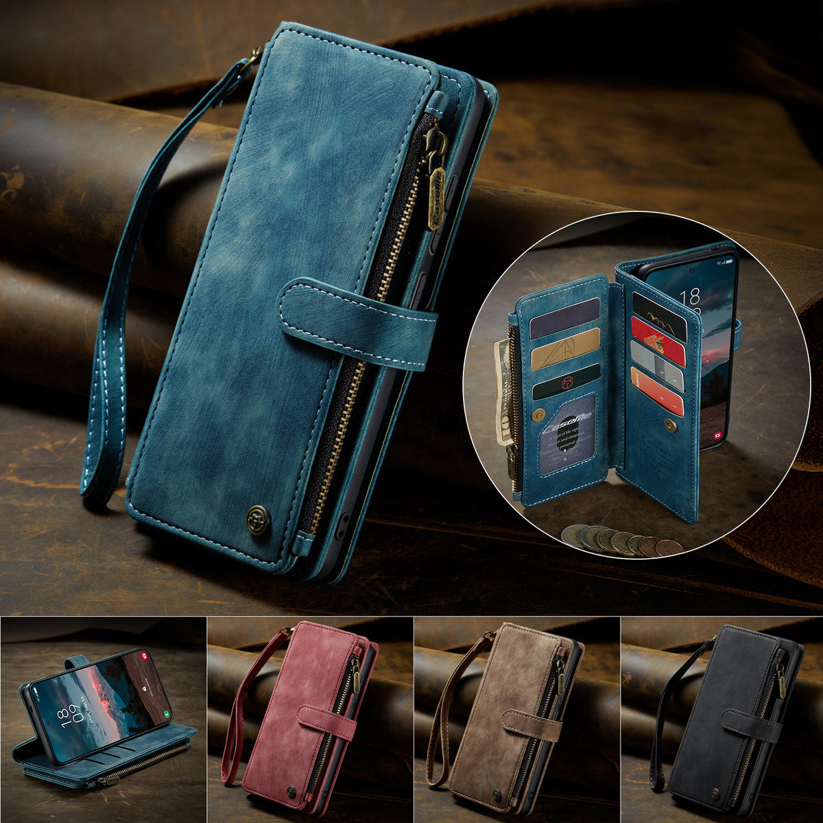 CASEME For Samsung Galaxy S26 Phone Cases with Strap  C30 Zipper Multiple Card Holder PU Leather Cover