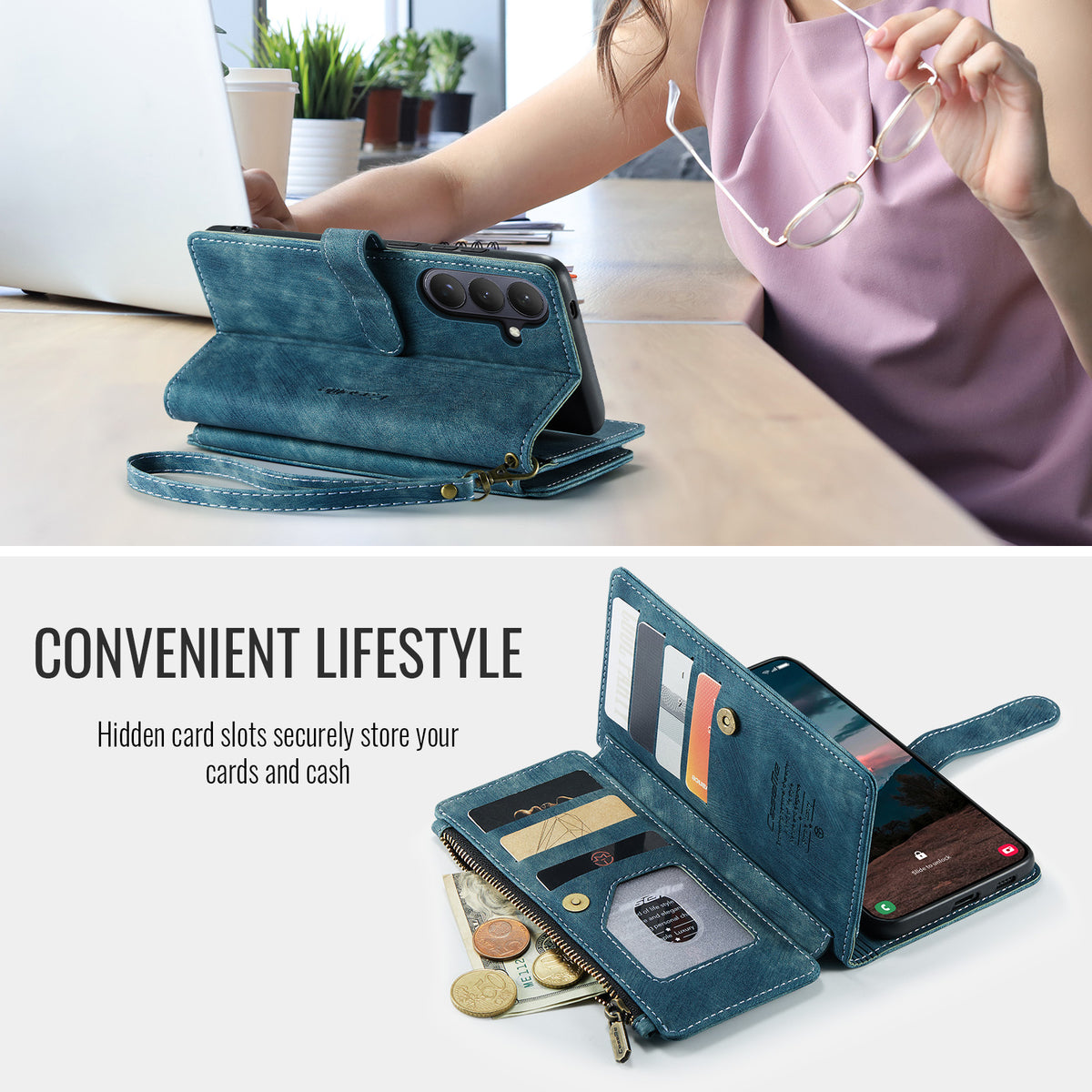 CASEME For Samsung Galaxy S26 Phone Cases with Strap  C30 Zipper Multiple Card Holder PU Leather Cover