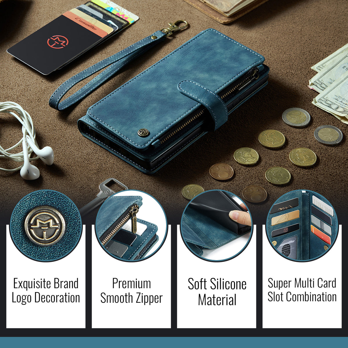CASEME For Samsung Galaxy S26 Phone Cases with Strap  C30 Zipper Multiple Card Holder PU Leather Cover