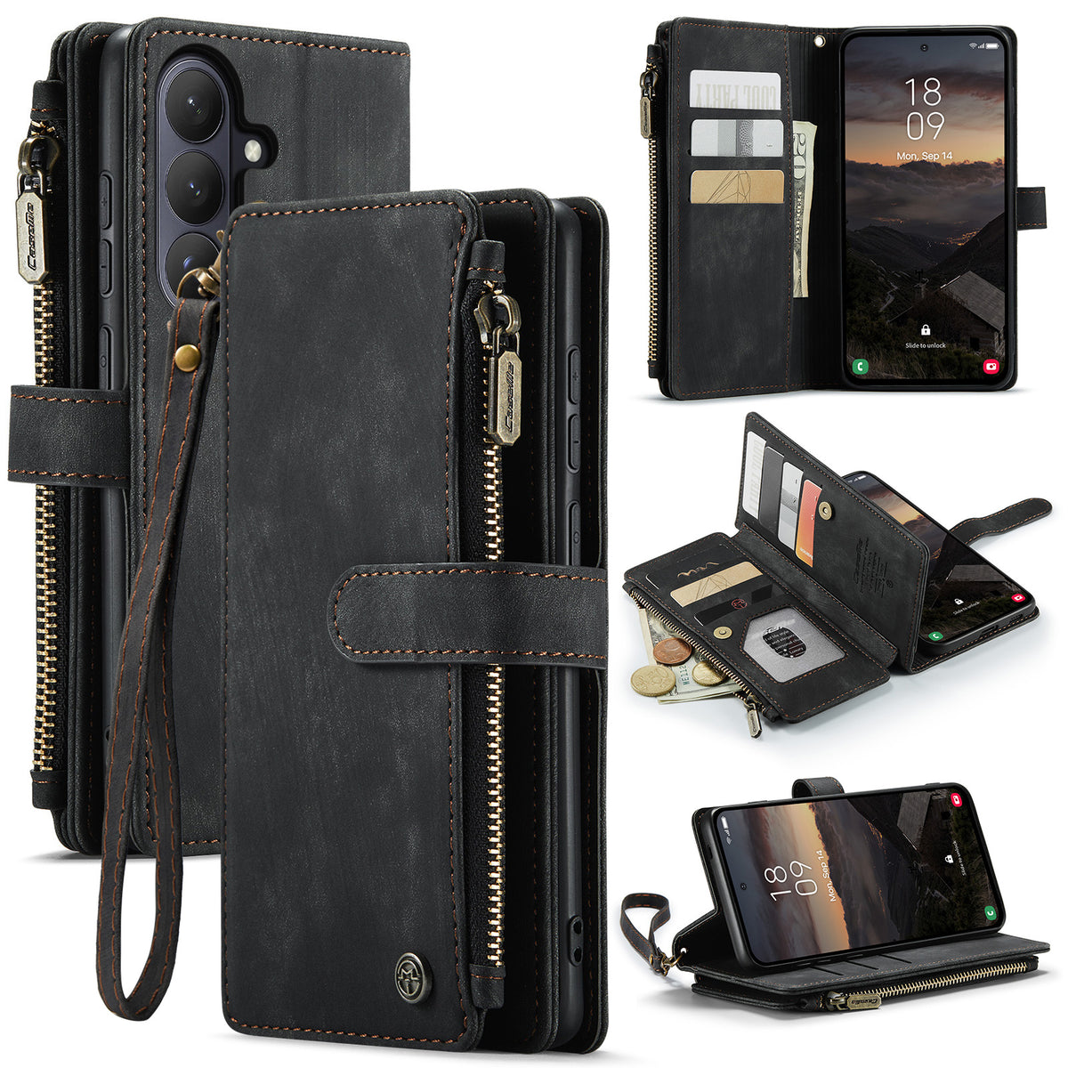 CASEME For Samsung Galaxy S26 Phone Cases with Strap  C30 Zipper Multiple Card Holder PU Leather Cover