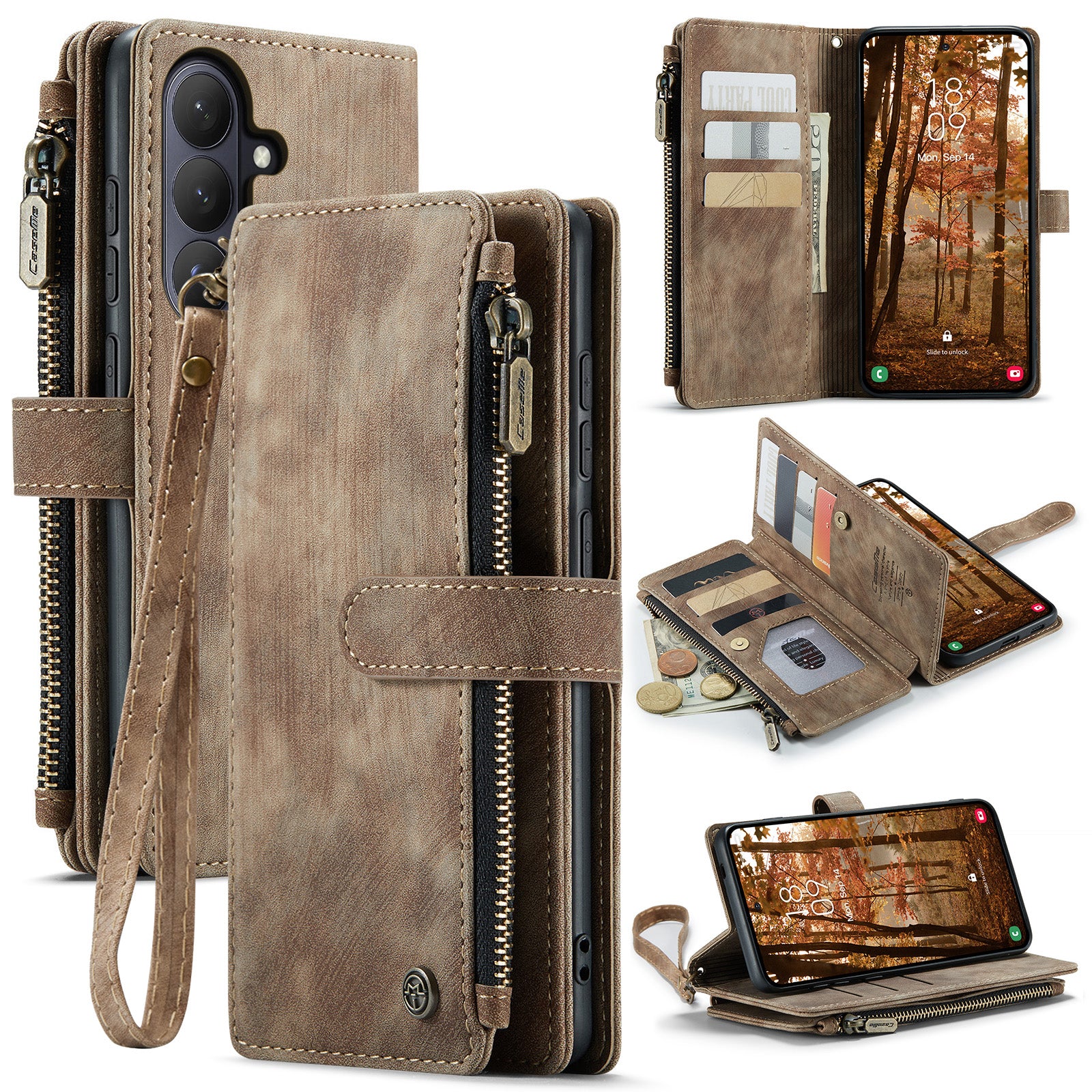 CASEME For Samsung Galaxy S26 Phone Cases with Strap  C30 Zipper Multiple Card Holder PU Leather Cover