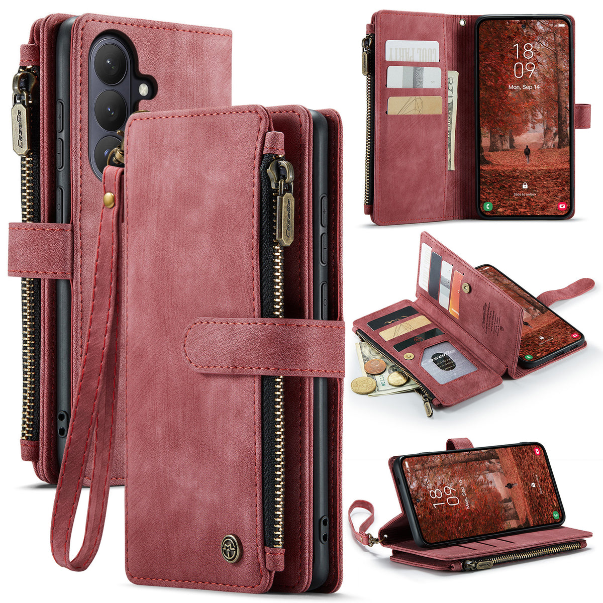 CASEME For Samsung Galaxy S26 Phone Cases with Strap  C30 Zipper Multiple Card Holder PU Leather Cover