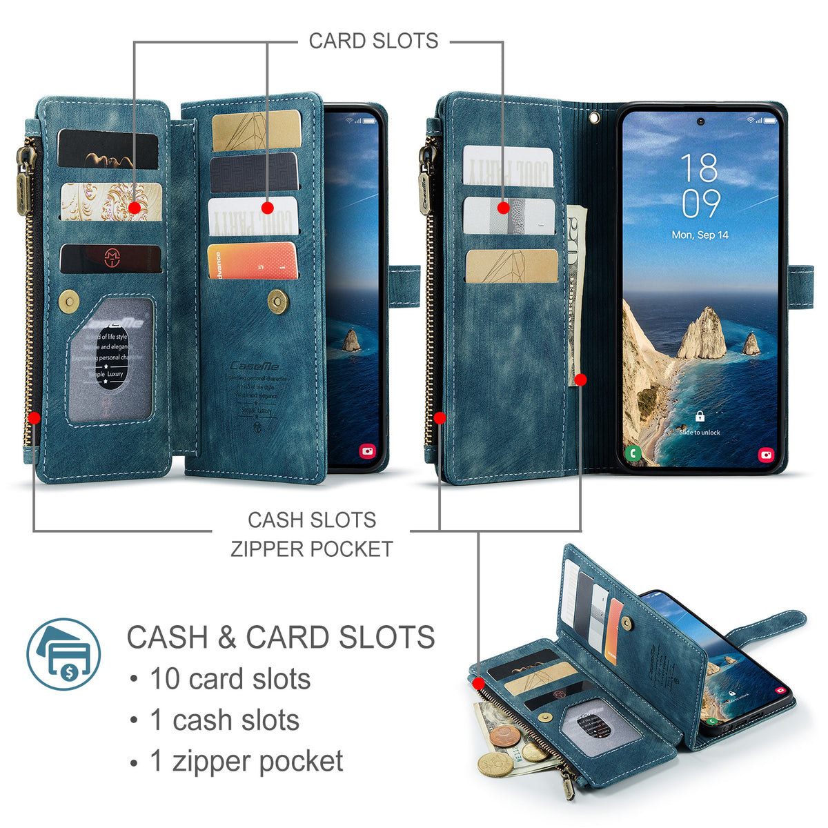 CASEME For Samsung Galaxy S26 Ultra Phone Cases with Strap  C30 Zipper Multiple Card Holder PU Leather Cover