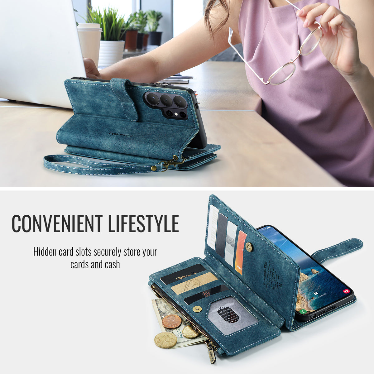 CASEME For Samsung Galaxy S26 Ultra Phone Cases with Strap  C30 Zipper Multiple Card Holder PU Leather Cover
