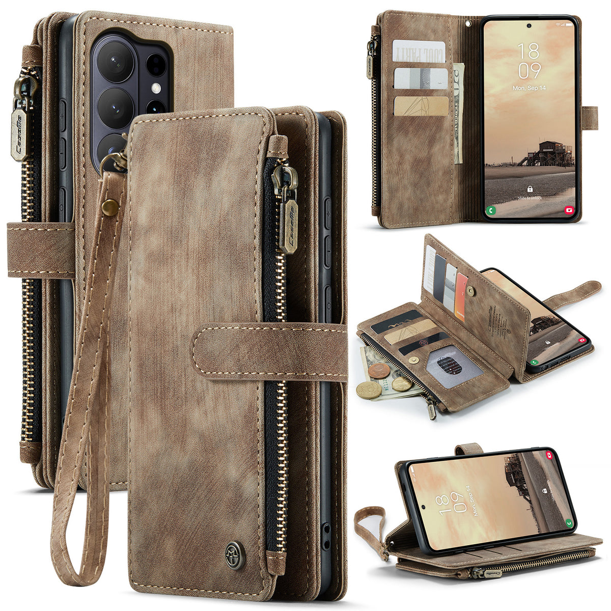 CASEME For Samsung Galaxy S26 Ultra Phone Cases with Strap  C30 Zipper Multiple Card Holder PU Leather Cover