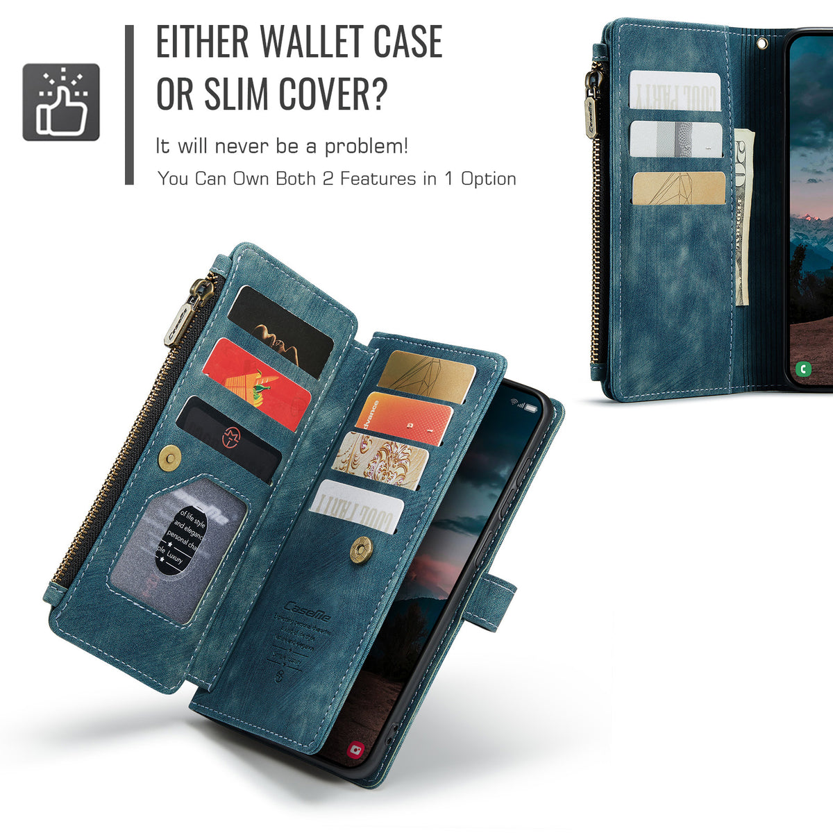 CASEME For Samsung Galaxy S26+ Phone Cases with Strap C30 Zipper Multiple Card Holder PU Leather Cover