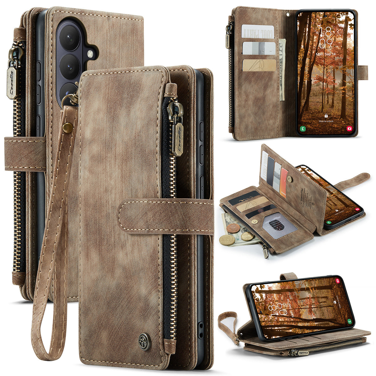CASEME For Samsung Galaxy S26+ Phone Cases with Strap C30 Zipper Multiple Card Holder PU Leather Cover