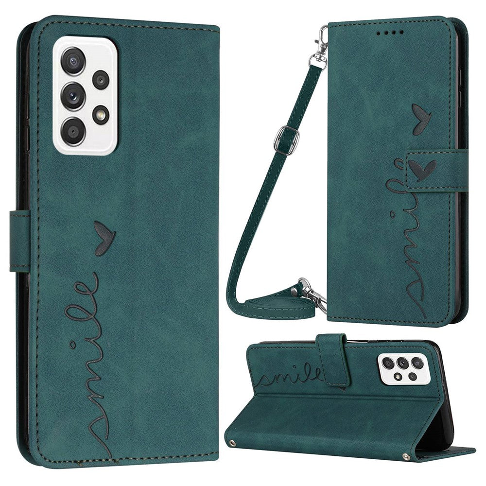 For Samsung Galaxy A23 4G / A23 5G (Global Version) / F23 5G / M23 5G / M13 4G Flip PU Leather Phone Cover Skin-touch Feeling Imprinted Heart Shape Wallet Stand Case with Shoulder Strap