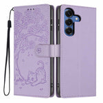 For Samsung Galaxy S26+ Stand Case Tree-and-Cat Pattern PU Leather Wallet Protective Phone Cover with Wrist Strap