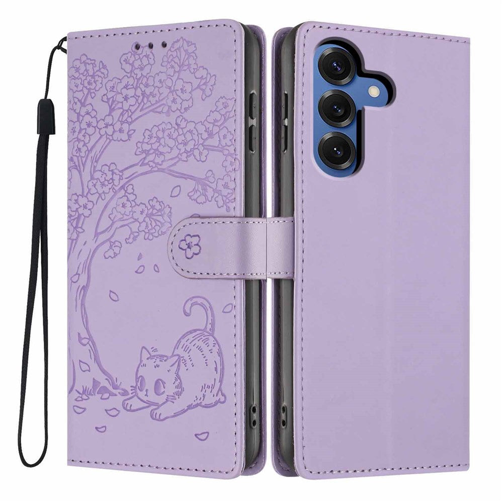 For Samsung Galaxy S26+ Stand Case Tree-and-Cat Pattern PU Leather Wallet Protective Phone Cover with Wrist Strap