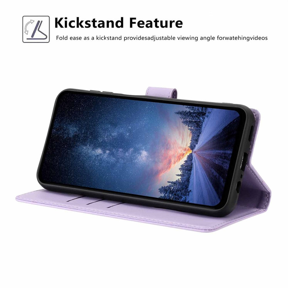 For Samsung Galaxy S26+ Stand Case Tree-and-Cat Pattern PU Leather Wallet Protective Phone Cover with Wrist Strap
