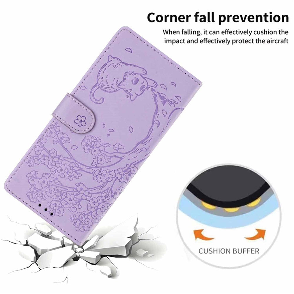For Samsung Galaxy S26+ Stand Case Tree-and-Cat Pattern PU Leather Wallet Protective Phone Cover with Wrist Strap
