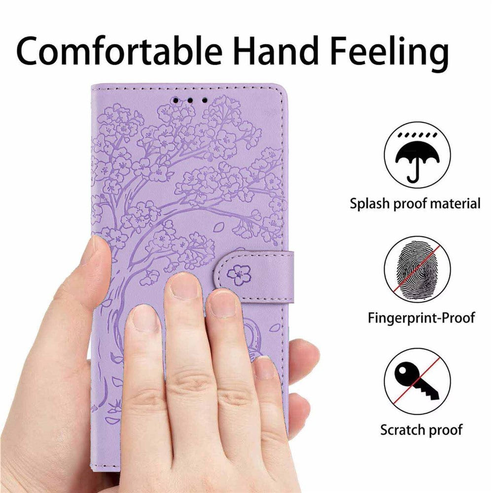 For Samsung Galaxy S26+ Stand Case Tree-and-Cat Pattern PU Leather Wallet Protective Phone Cover with Wrist Strap