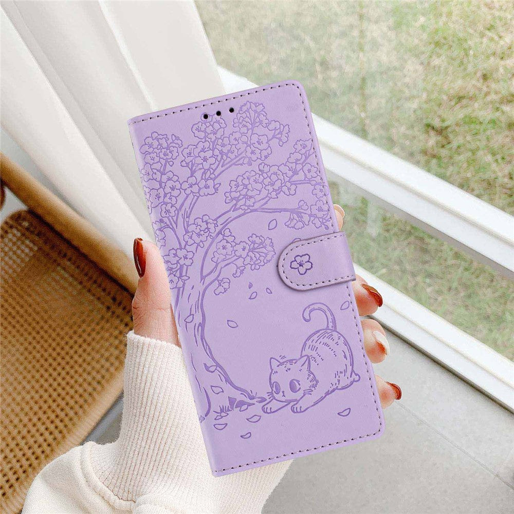 For Samsung Galaxy S26+ Stand Case Tree-and-Cat Pattern PU Leather Wallet Protective Phone Cover with Wrist Strap