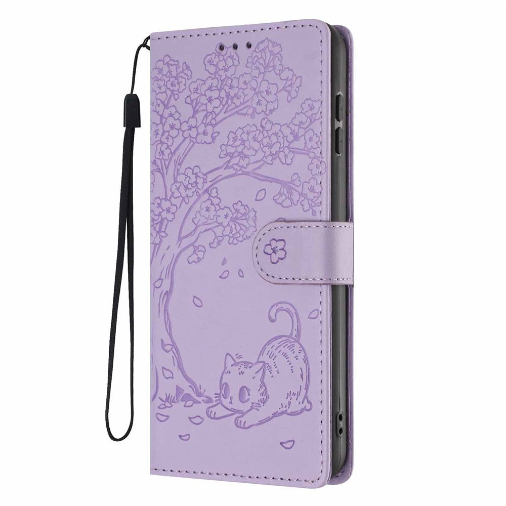 For Samsung Galaxy S26+ Stand Case Tree-and-Cat Pattern PU Leather Wallet Protective Phone Cover with Wrist Strap
