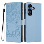 For Samsung Galaxy S26+ Stand Case Tree-and-Cat Pattern PU Leather Wallet Protective Phone Cover with Wrist Strap