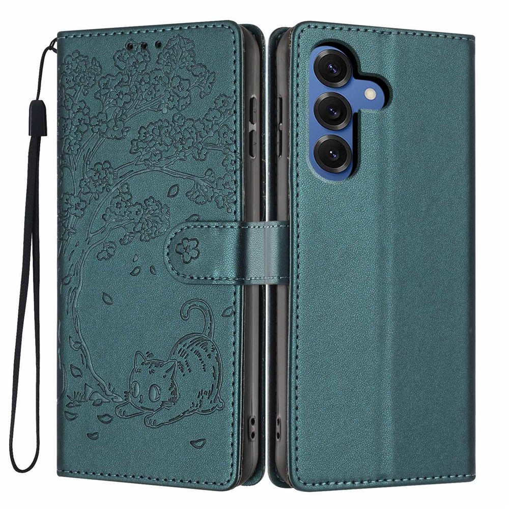 For Samsung Galaxy S26+ Stand Case Tree-and-Cat Pattern PU Leather Wallet Protective Phone Cover with Wrist Strap