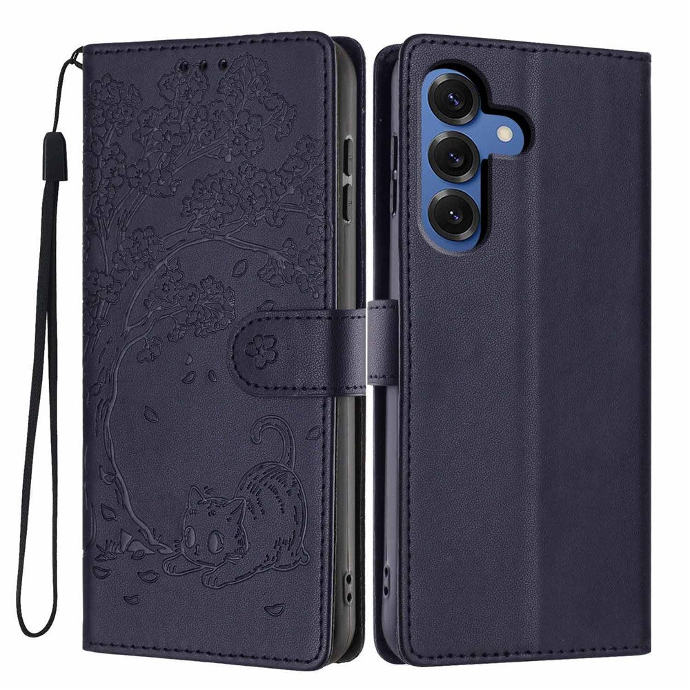 For Samsung Galaxy S26+ Stand Case Tree-and-Cat Pattern PU Leather Wallet Protective Phone Cover with Wrist Strap