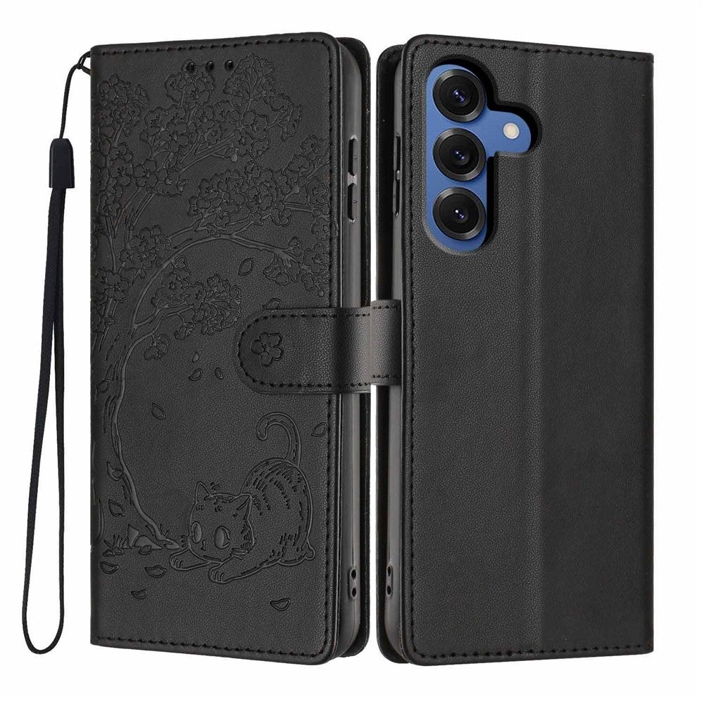 For Samsung Galaxy S26+ Stand Case Tree-and-Cat Pattern PU Leather Wallet Protective Phone Cover with Wrist Strap
