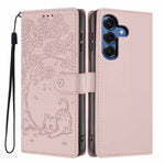 For Samsung Galaxy S26+ Stand Case Tree-and-Cat Pattern PU Leather Wallet Protective Phone Cover with Wrist Strap