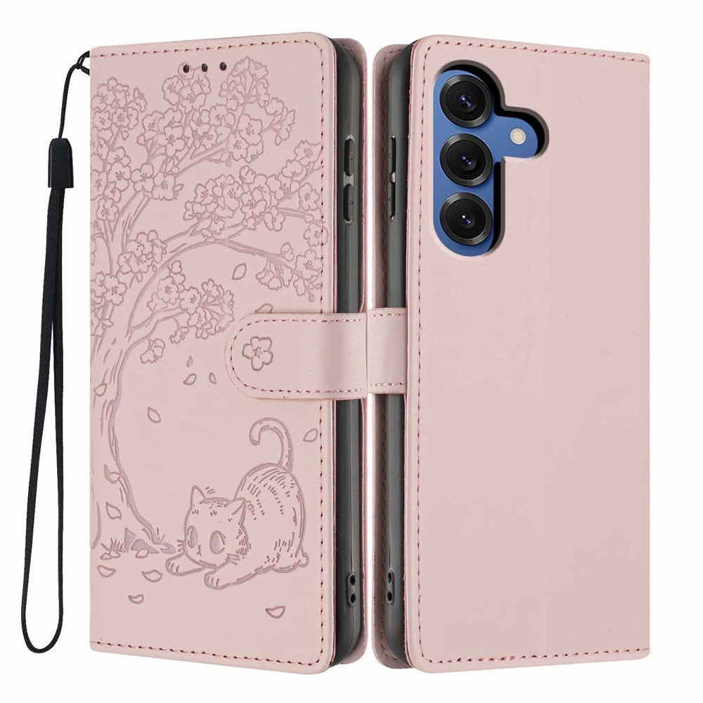 For Samsung Galaxy S26+ Stand Case Tree-and-Cat Pattern PU Leather Wallet Protective Phone Cover with Wrist Strap