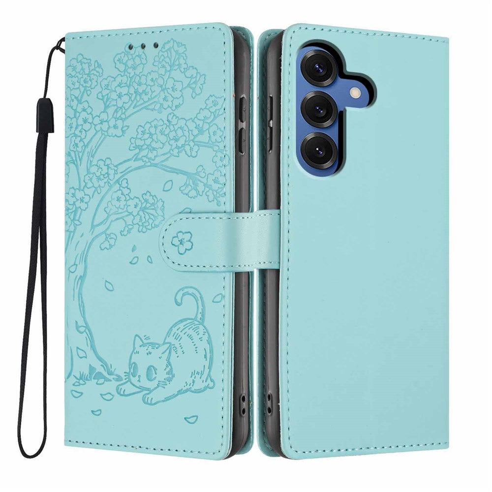 For Samsung Galaxy S26+ Stand Case Tree-and-Cat Pattern PU Leather Wallet Protective Phone Cover with Wrist Strap
