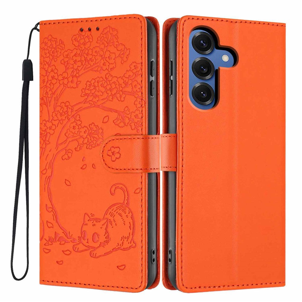 For Samsung Galaxy S26+ Stand Case Tree-and-Cat Pattern PU Leather Wallet Protective Phone Cover with Wrist Strap