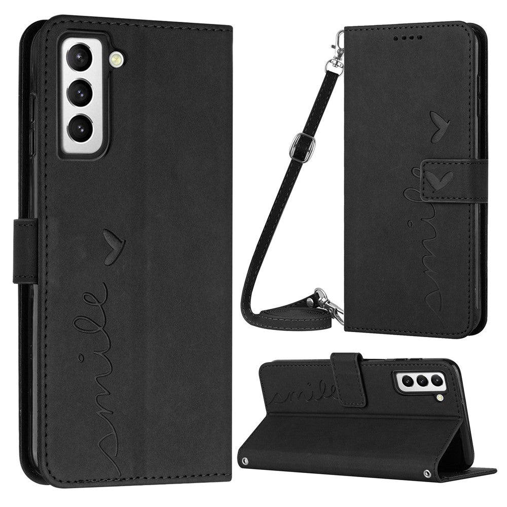 For Samsung Galaxy S23 Heart Shape Imprinted Wallet Horizontal Stand Case Skin-touch Feeling PU Leather Phone Cover with Shoulder Strap