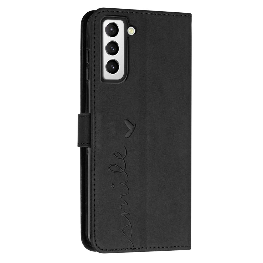 For Samsung Galaxy S23 Heart Shape Imprinted Wallet Horizontal Stand Case Skin-touch Feeling PU Leather Phone Cover with Shoulder Strap