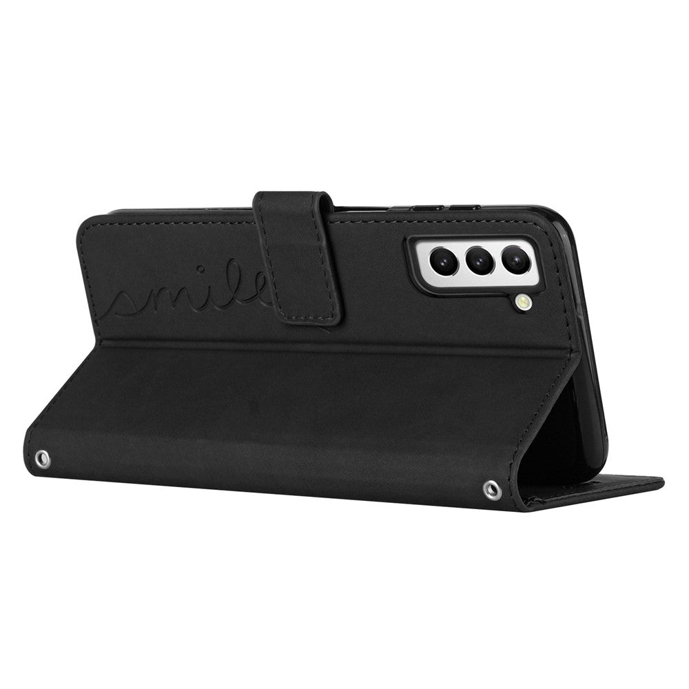 For Samsung Galaxy S23 Heart Shape Imprinted Wallet Horizontal Stand Case Skin-touch Feeling PU Leather Phone Cover with Shoulder Strap