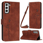 For Samsung Galaxy S23 Heart Shape Imprinted Wallet Horizontal Stand Case Skin-touch Feeling PU Leather Phone Cover with Shoulder Strap