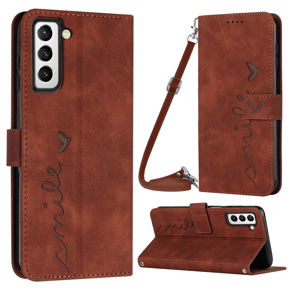 For Samsung Galaxy S23 Heart Shape Imprinted Wallet Horizontal Stand Case Skin-touch Feeling PU Leather Phone Cover with Shoulder Strap
