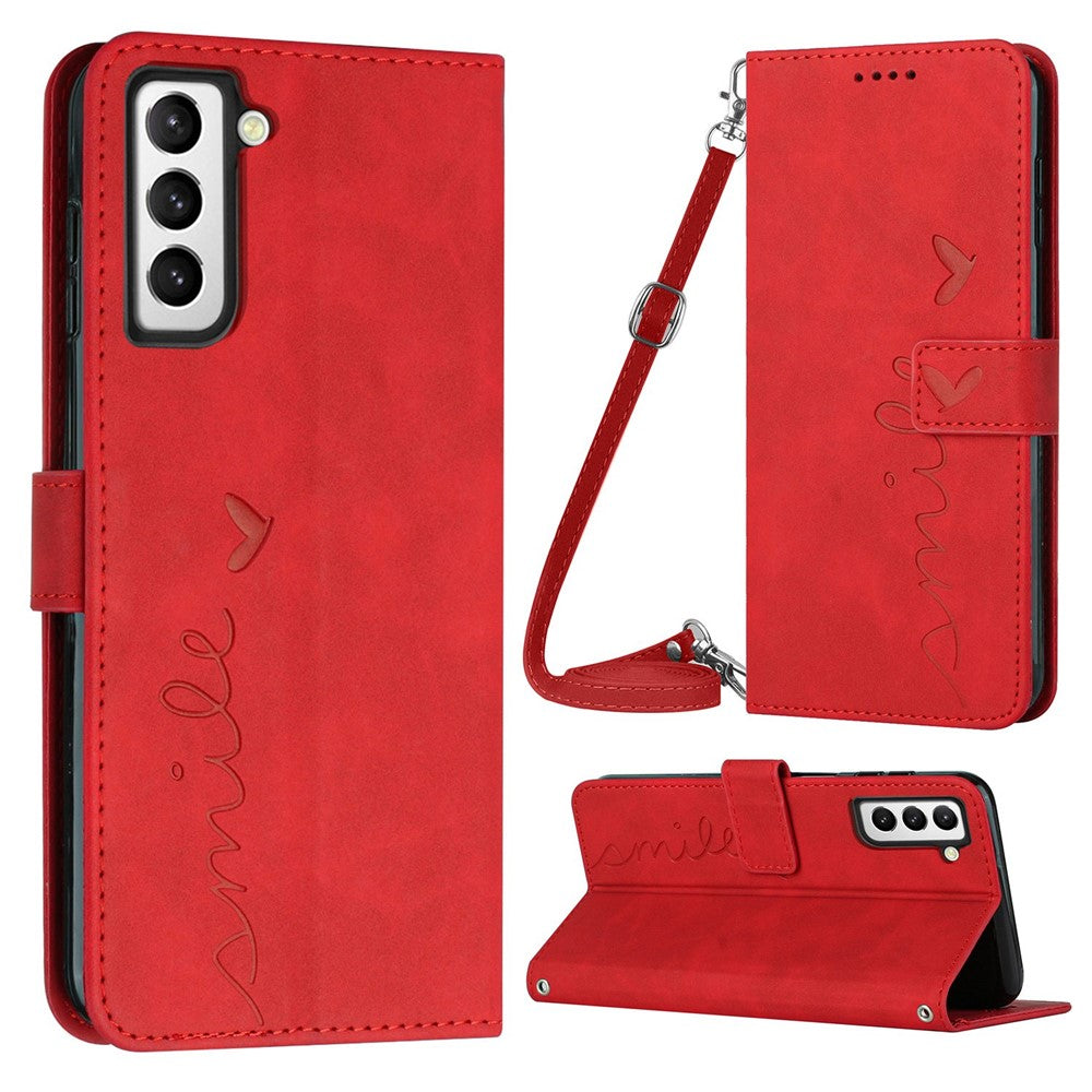 For Samsung Galaxy S23 Heart Shape Imprinted Wallet Horizontal Stand Case Skin-touch Feeling PU Leather Phone Cover with Shoulder Strap