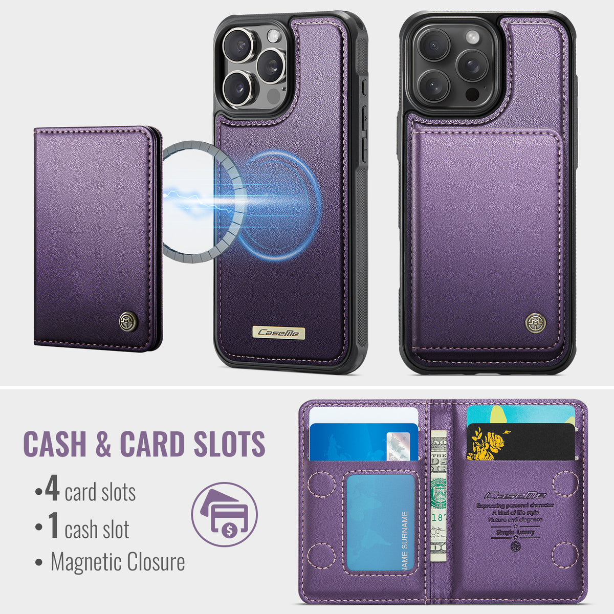 CASEME For iPhone 16 Pro Magnetic Case ME80 Series Leather PC TPU Phone Cover with Detachable Wallet