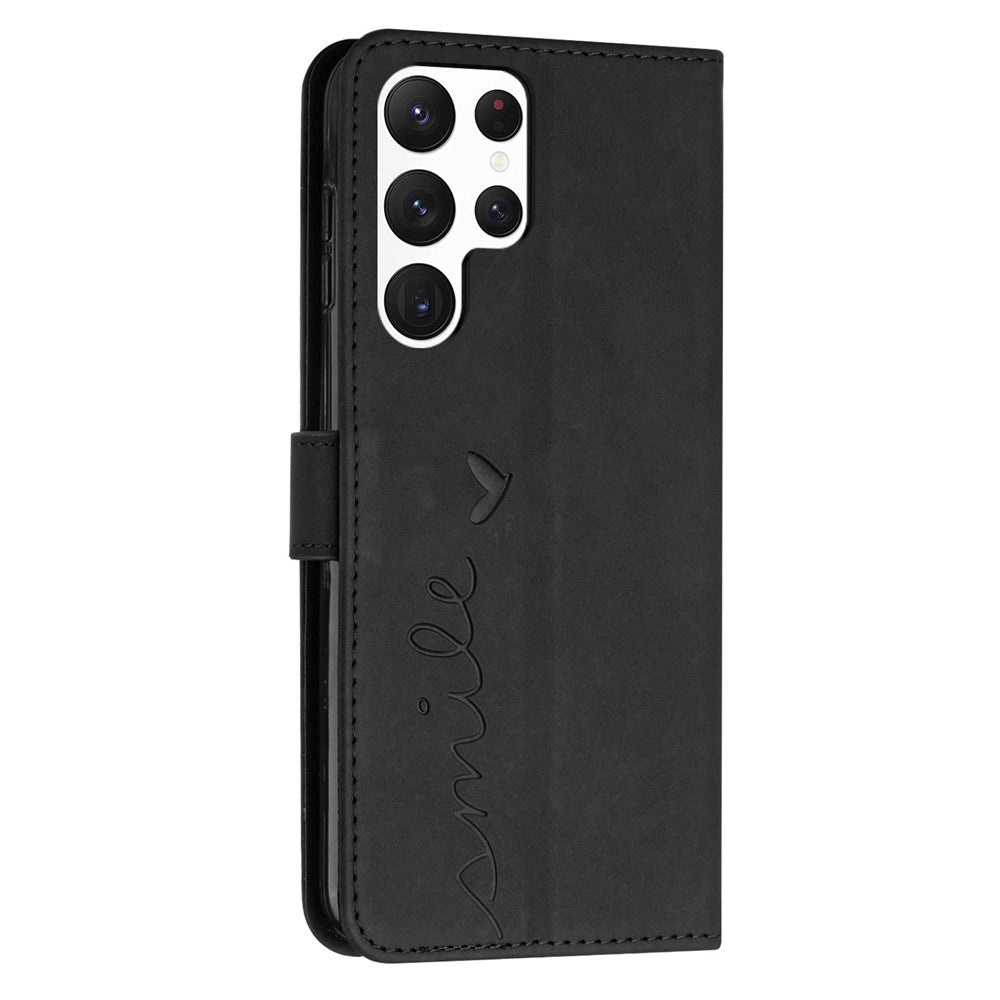 Stand Case for Samsung Galaxy S23 Ultra, Heart Shape Imprinted Wallet Skin-touch Feeling PU Leather Phone Cover with Shoulder Strap