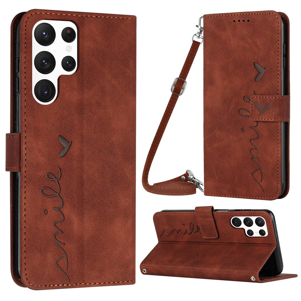 Stand Case for Samsung Galaxy S23 Ultra, Heart Shape Imprinted Wallet Skin-touch Feeling PU Leather Phone Cover with Shoulder Strap
