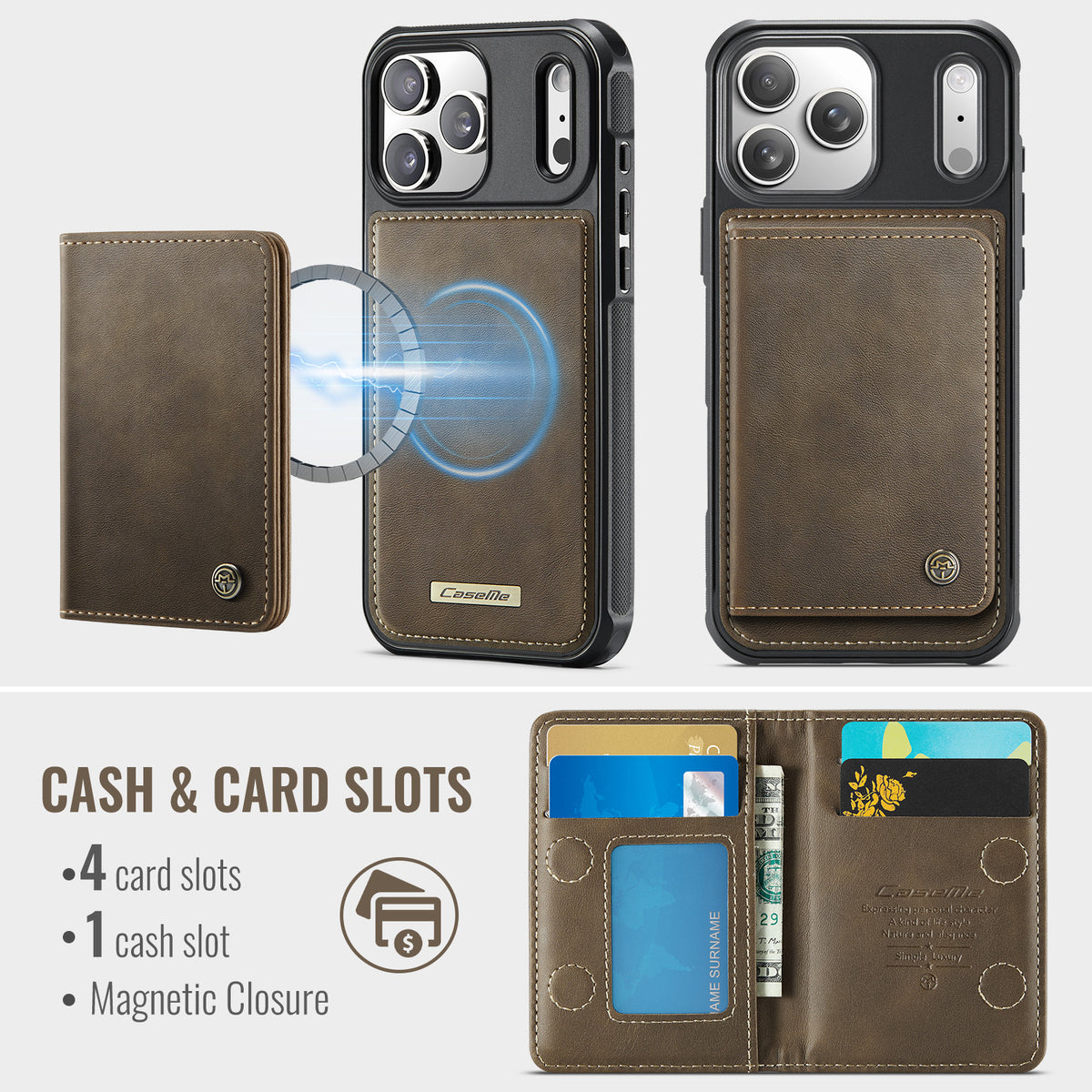 CASEME ME80 Series For iPhone 18 Pro Max / 17 Pro Max Magnetic Case RFID Blocking Leather PC TPU Phone Cover with Detachable Wallet